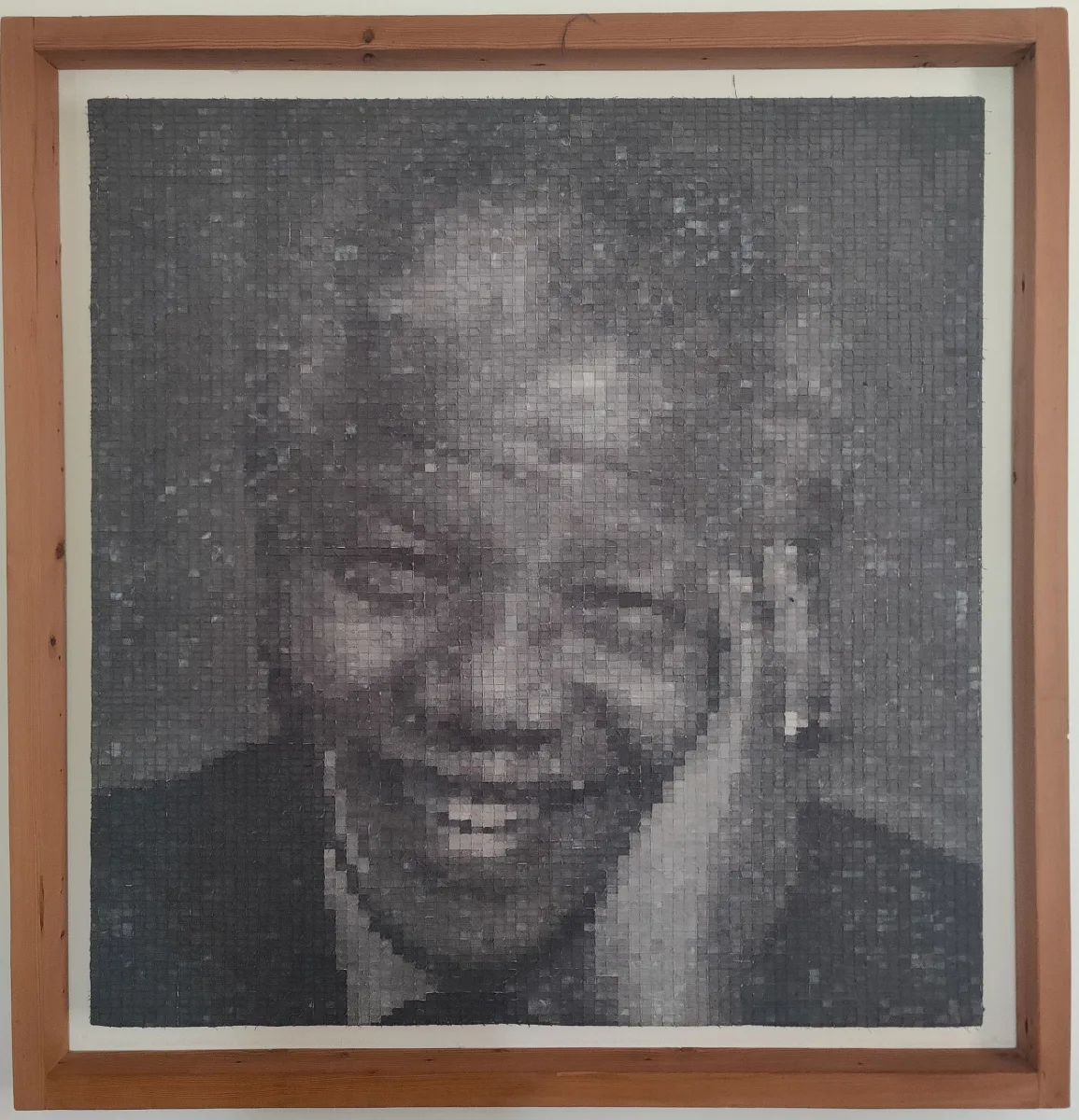 Dana Biddle — Mandela 2. A portrait made from 1cm x 1.5cm rectangles of hand dyed fabric stitched on canvas, in greys. 1.2m x 1.2m. Sold, private collection.