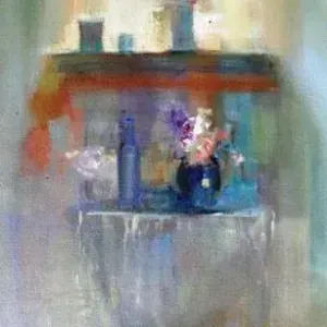 Diane Erasmus — 141. Table with Vase of Flowers and Blue Bottle