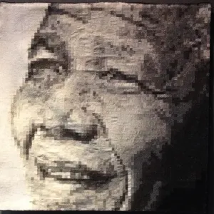 Dana Biddle — Mandela 1. Thread, machine stitched onto canvas in pixelated greys, 1m x 1m. Sold to the Michigan State University Museum of Art.