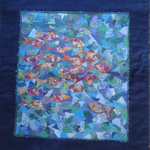Dana Biddle — A Fish out of Water. Fabric snippets, stitched. 60cm x 100cm. Artist's collection.