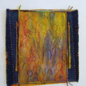 Dana Biddle — Spirit of the Cloth. Hand dyed threads, hand embroidered on hand dyed fabric and denim. 25cm x 25cm. Sold, private collection.