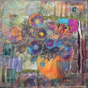 Dana Biddle — Abundance. Machine and hand stitched fabric collage. 80cm x 80cm. Artist's collection.