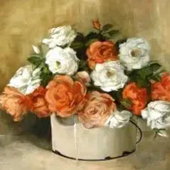 Karina Behr — Orange and White Roses in Enamel Pail